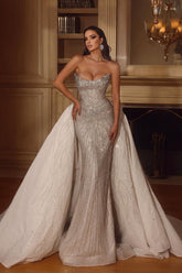 Deep V-Neck Long Sleeves A-Line Wedding Dress With Pearl Details